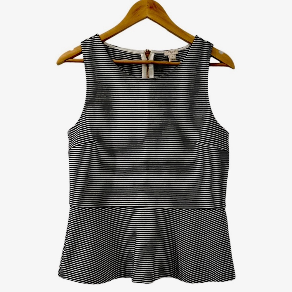 J. Crew | Sleeveless Ponte Peplum Striped Top w/Zipper,Medium,Black/White,Cotton
